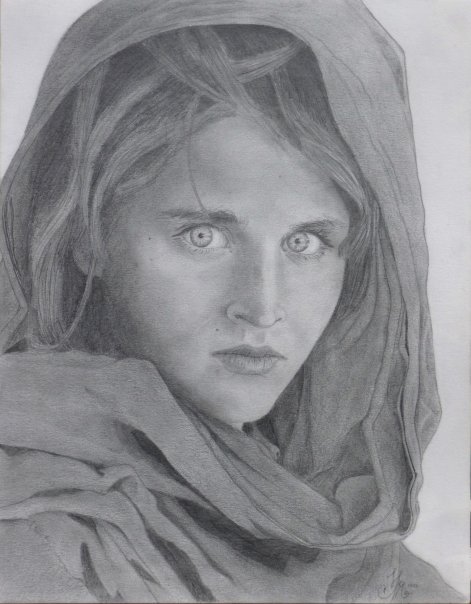 pencil drawing of famous Afghan Girl