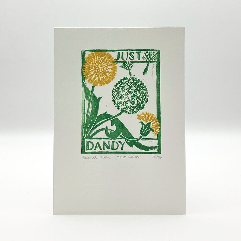 linocut of dandelions that says Just Dandy