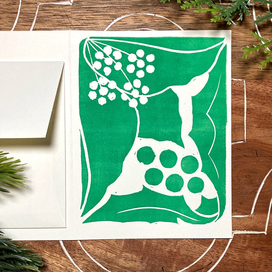 linocut Christmas card Holly and Ivy