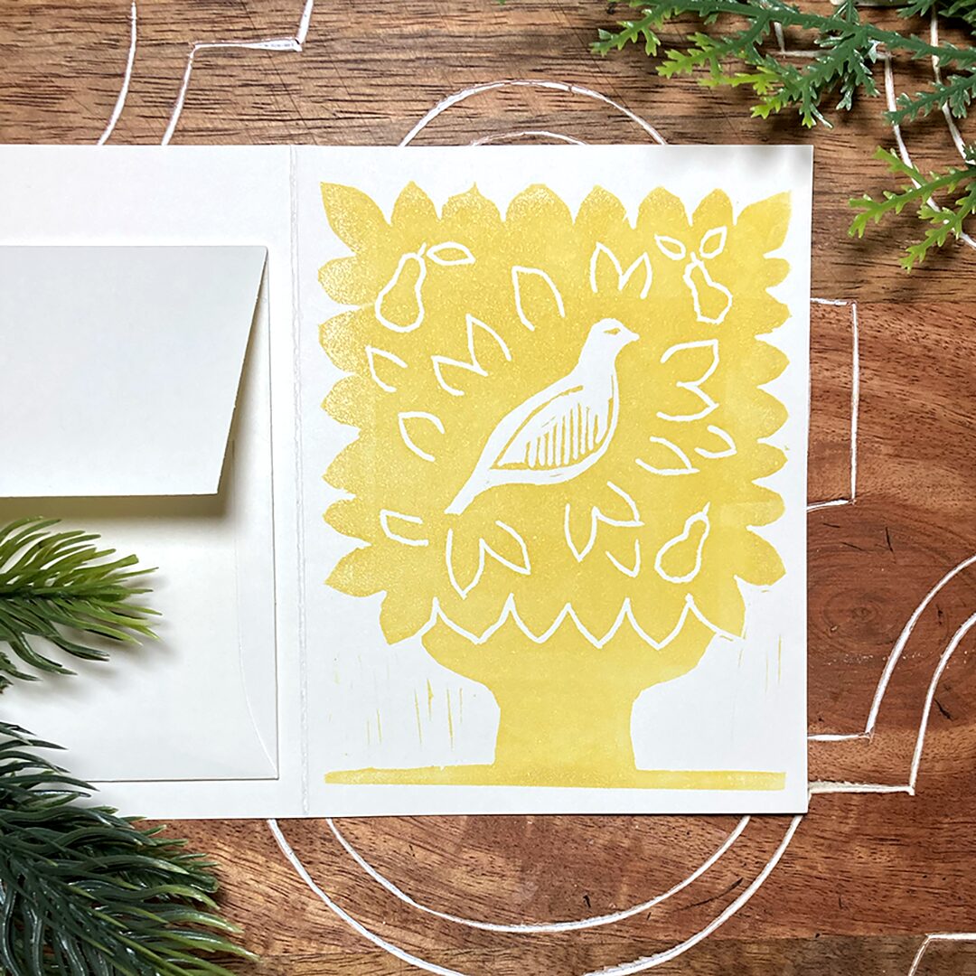 linocut Christmas card Partridge in a Pear Tree