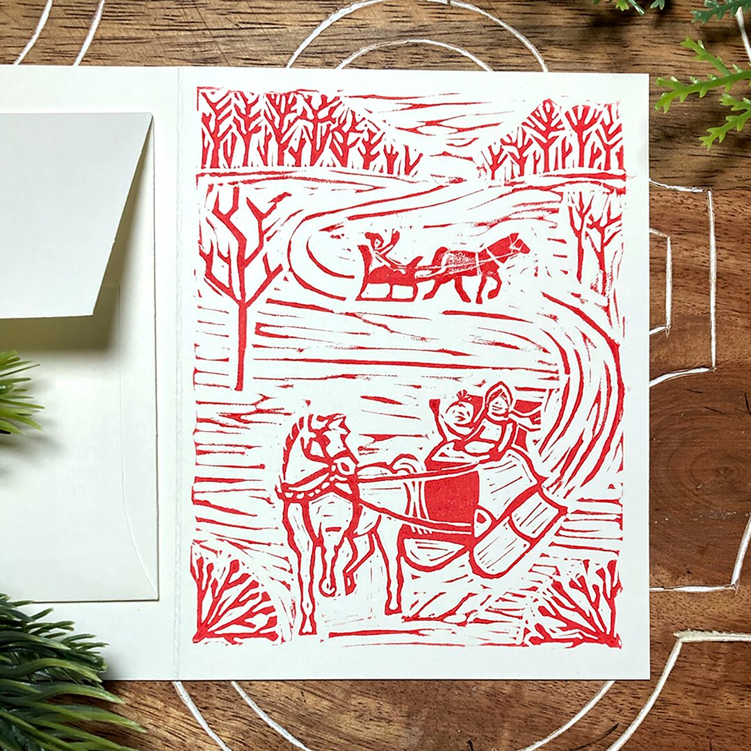 linocut Christmas card Jingle Bells