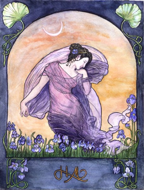 watercolor painting of a woman and flowers in an art nouveau style