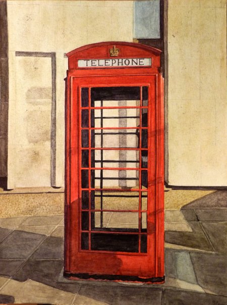 watercolor painting of a phone booth in London