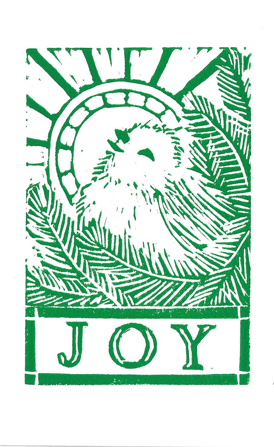 Linocut of a bird and the word Joy in green ink