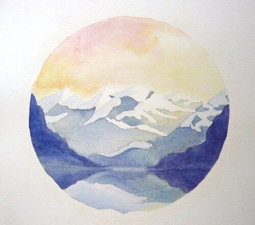 watercolor painting of mountains